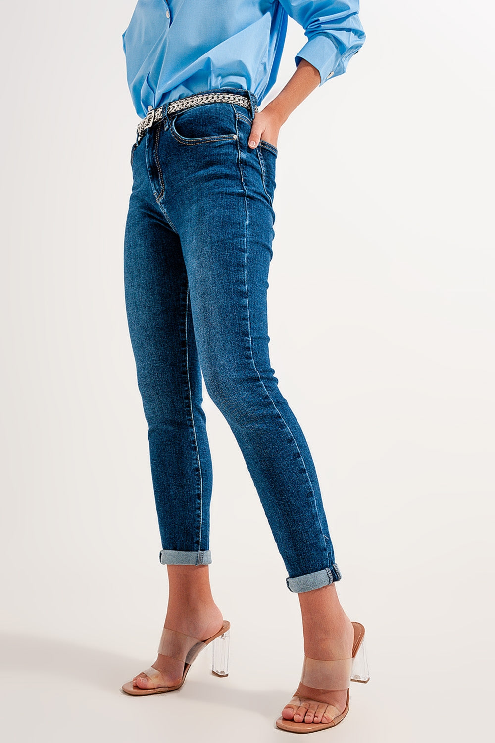 Jean skinny taille haute à délavage foncé