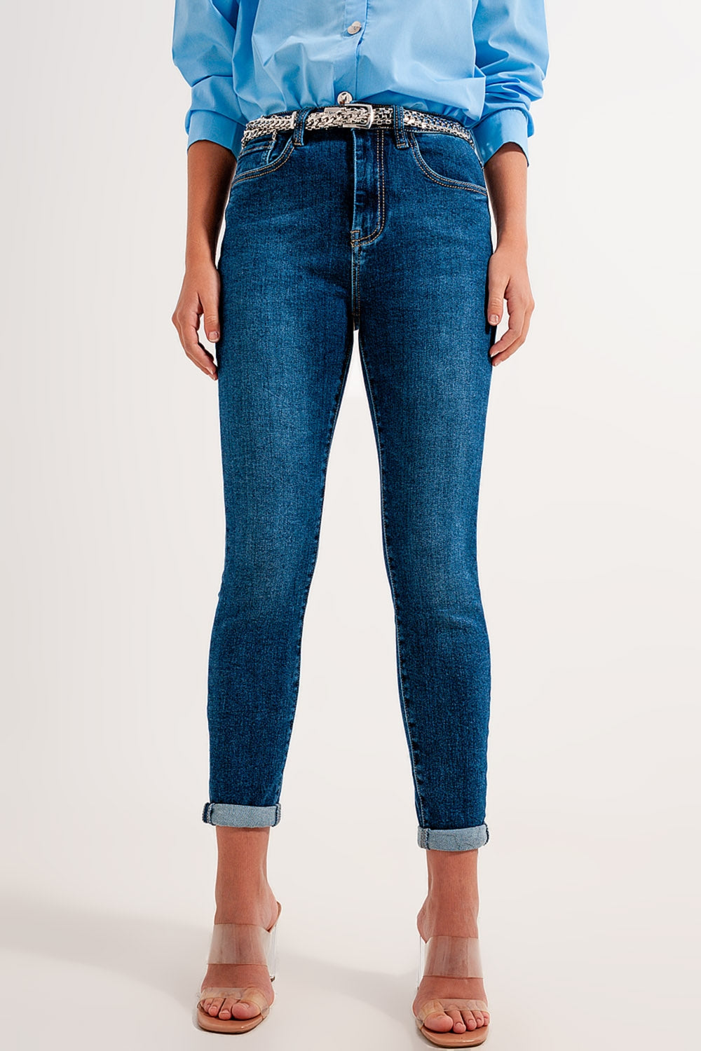 Jean skinny taille haute à délavage foncé