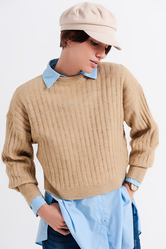 Pull côtelé avec rayures beige