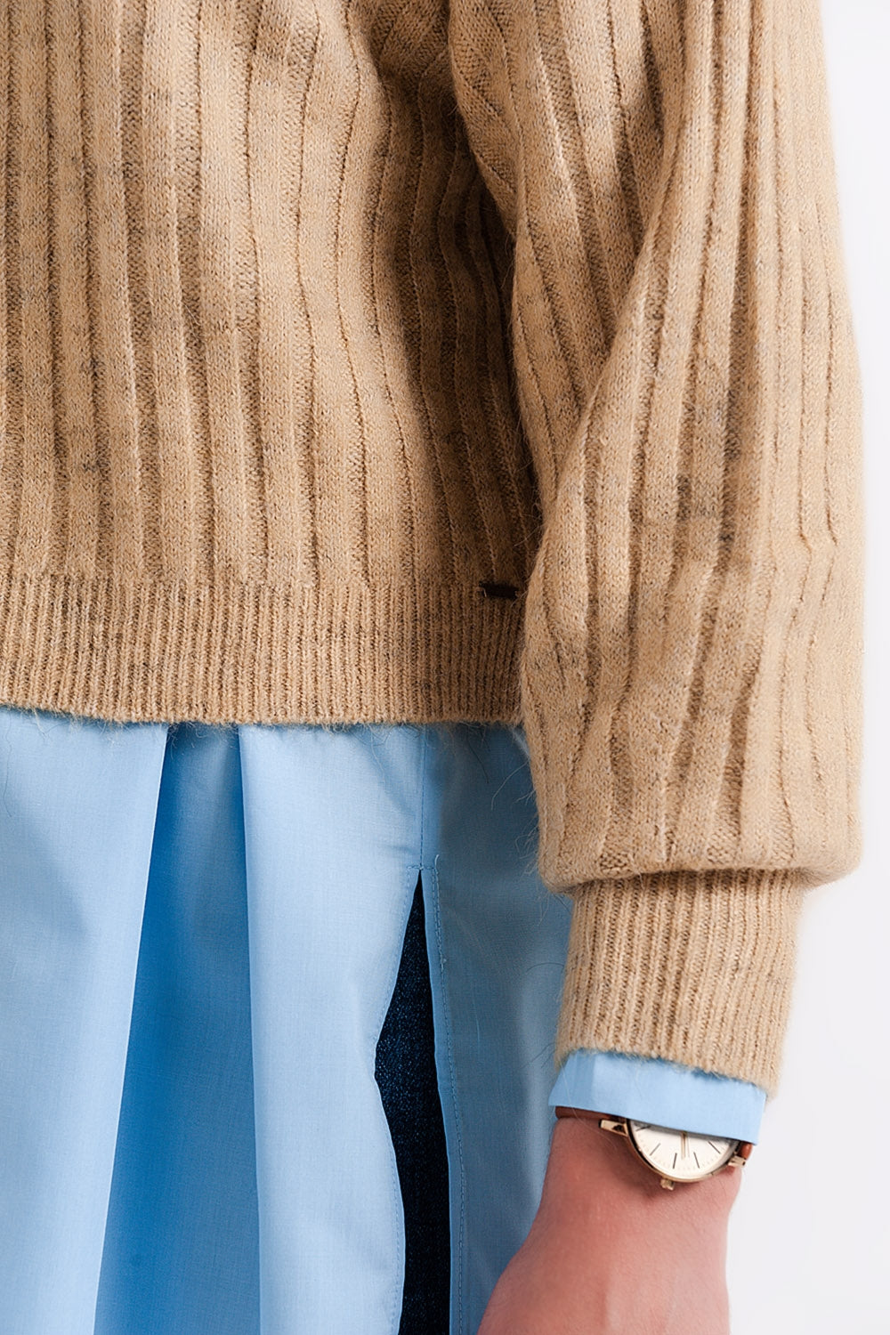 Pull côtelé avec rayures beige