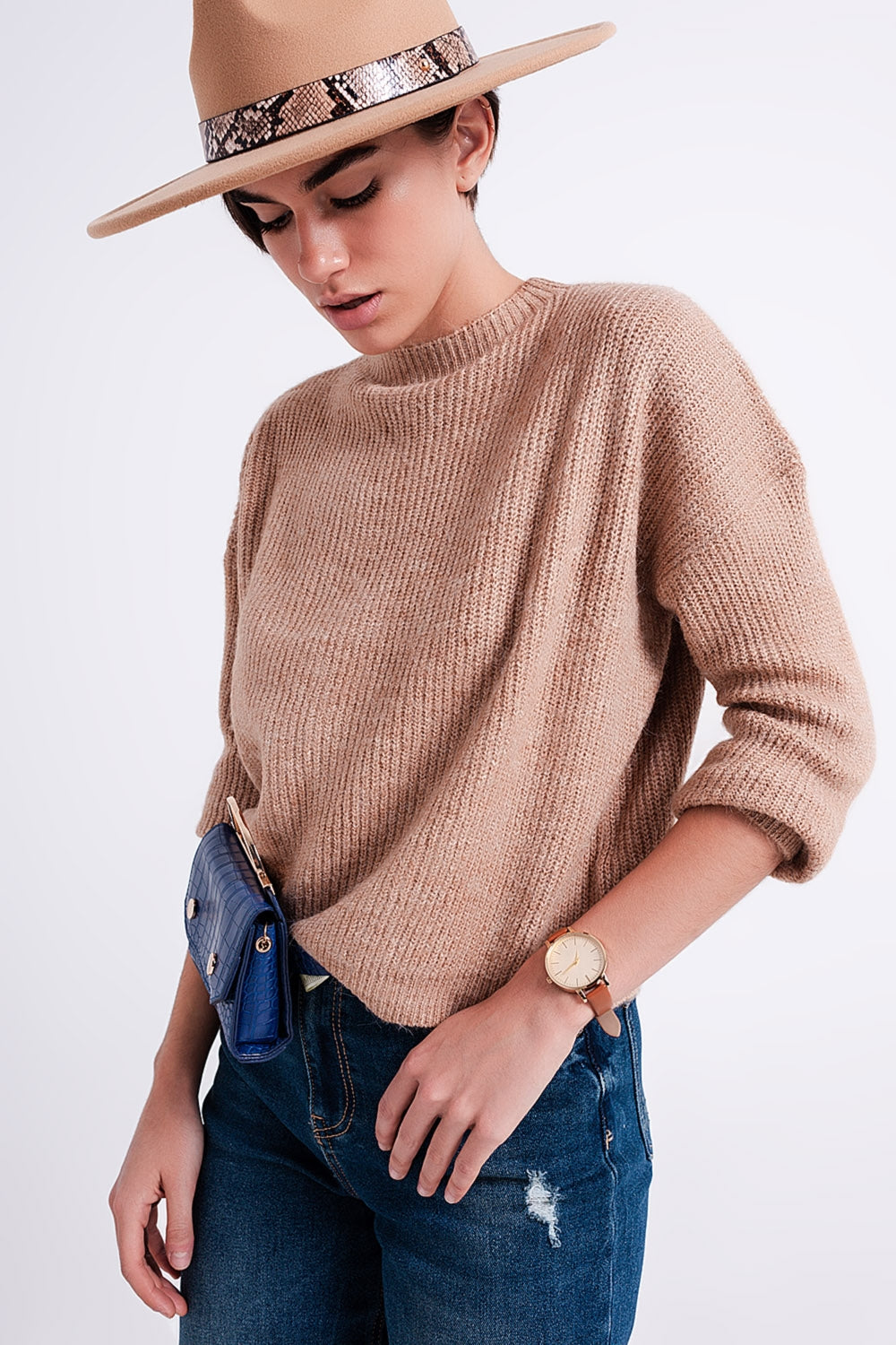 Pull col montant beige