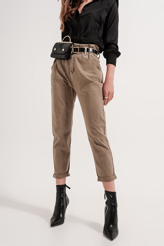 Jean paperbag élastique taille haute froncée beige