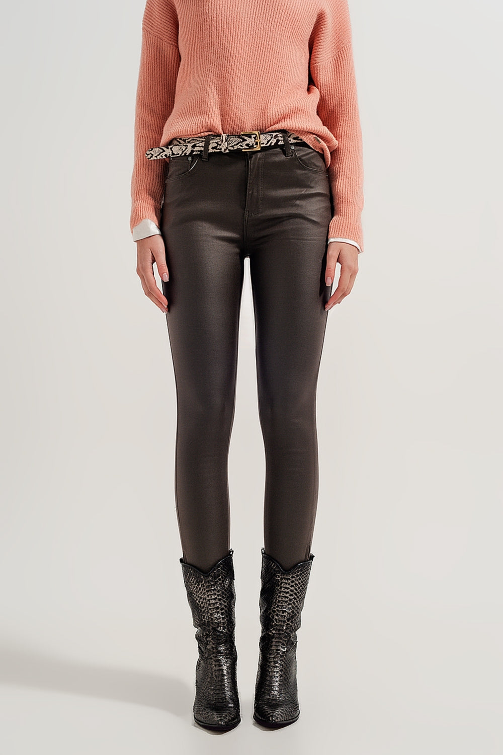 Pantalon en similicuir avec ourlet fendu à fermeture éclair kaki
