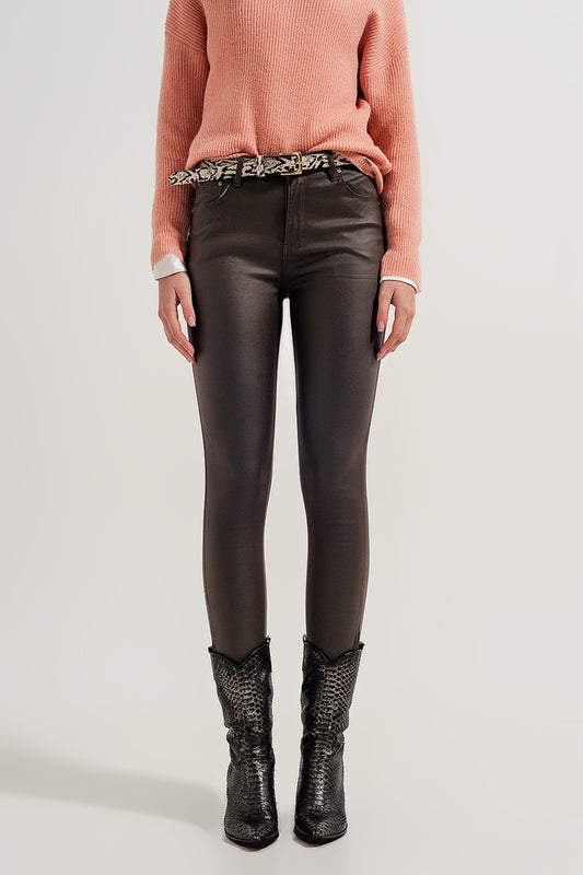 Pantalon en similicuir avec ourlet fendu à fermeture éclair kaki