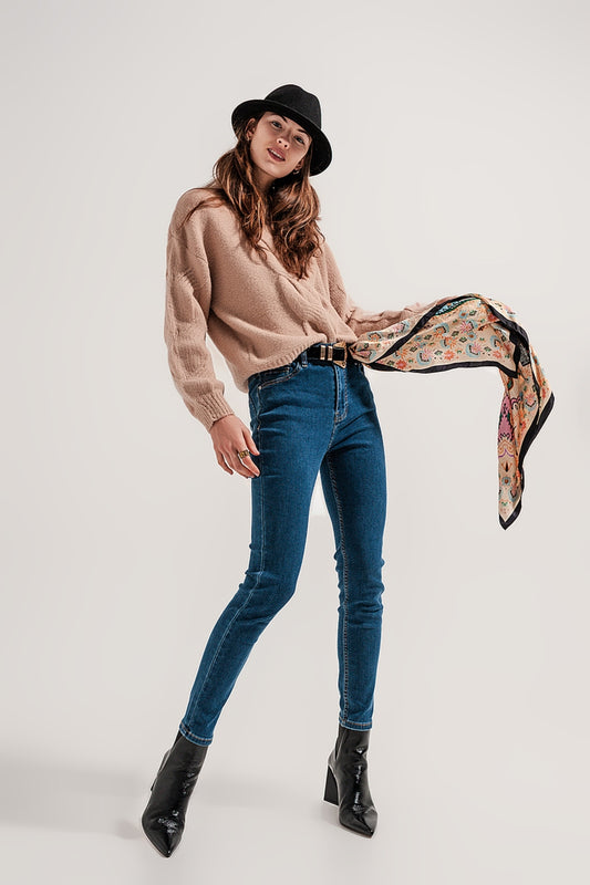 Jean super skinny bleu moyen de taille haute délavé