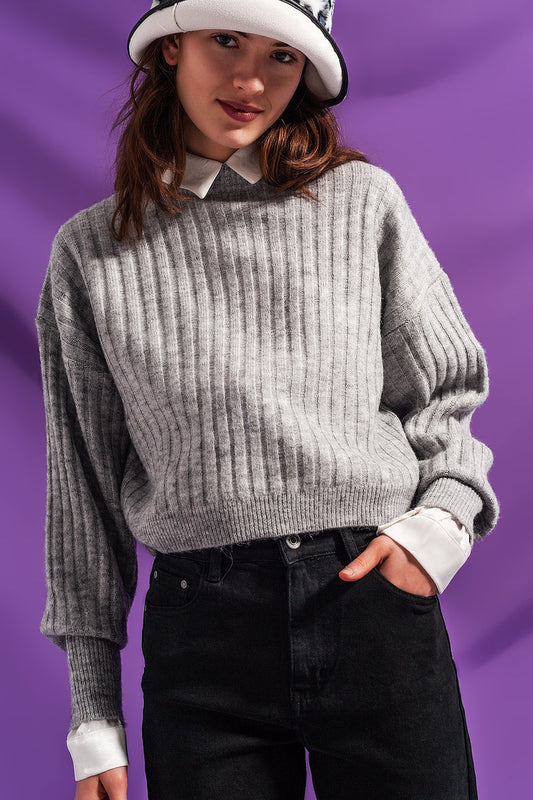 Pull côtelé avec rayures gris