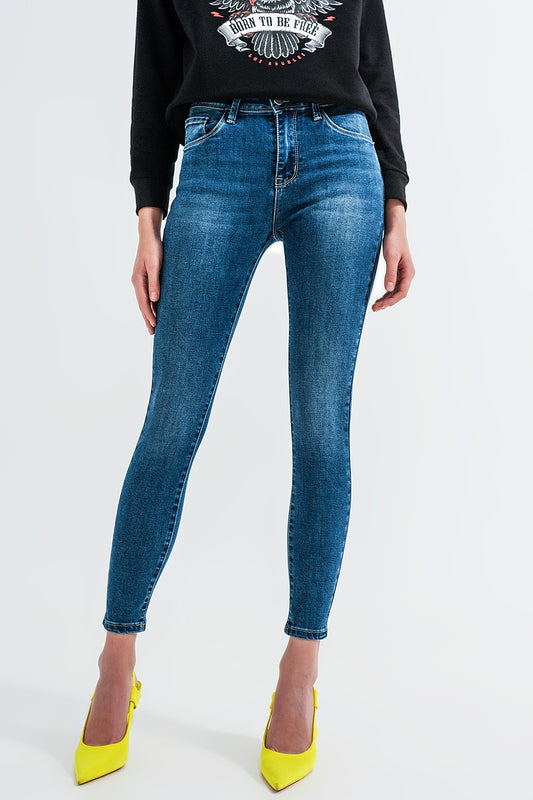 Jean skinny taille haute Délavage bleu moyen