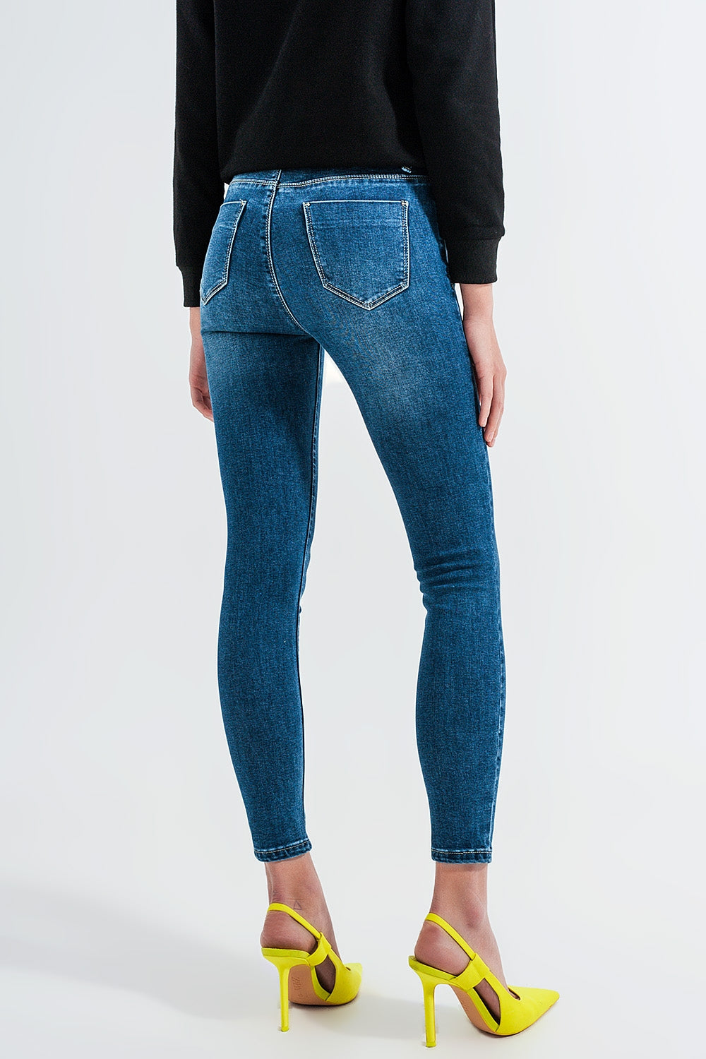 Jean skinny taille haute Délavage bleu moyen