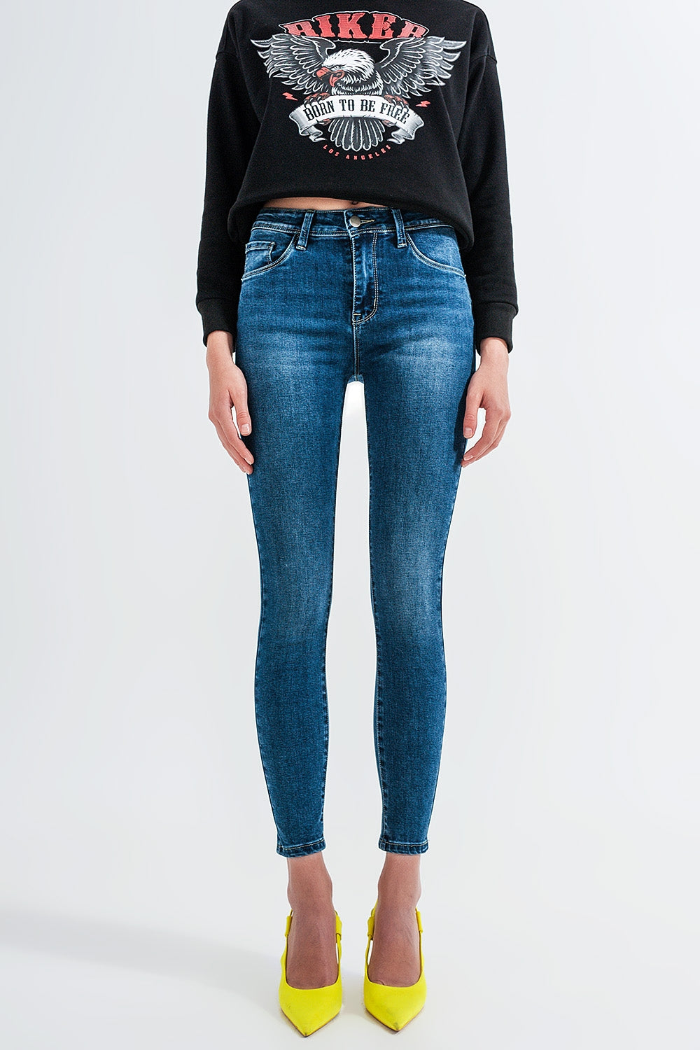 Jean skinny taille haute Délavage bleu moyen