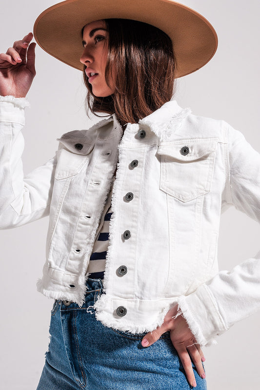 Veste en jean à bords bruts Blanc