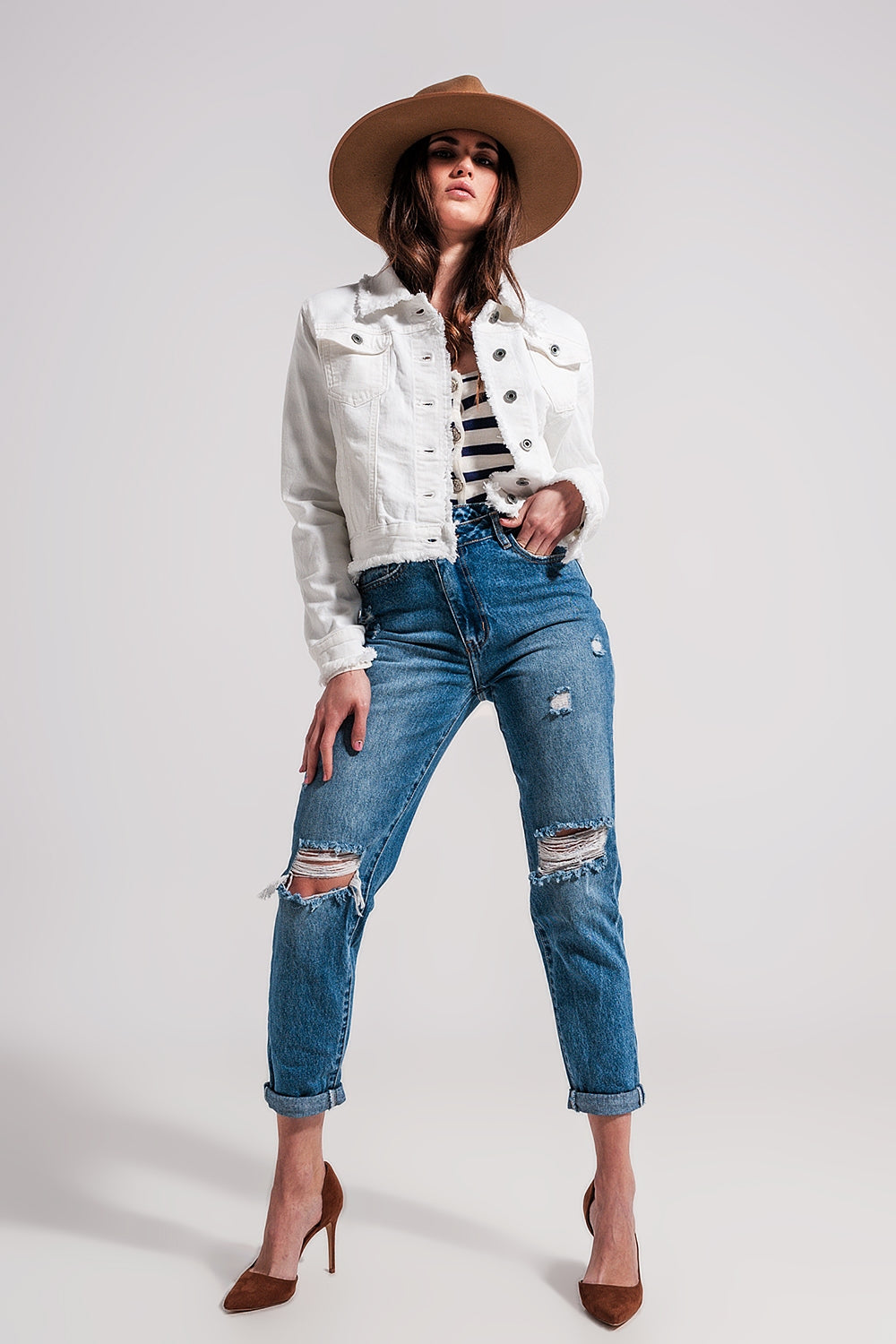 Veste en jean à bords bruts Blanc