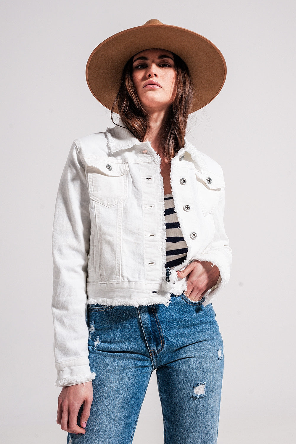 Veste en jean à bords bruts Blanc
