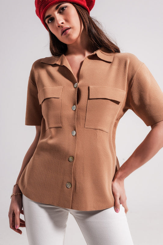 Pull en maille frangée et manches courtes Camel