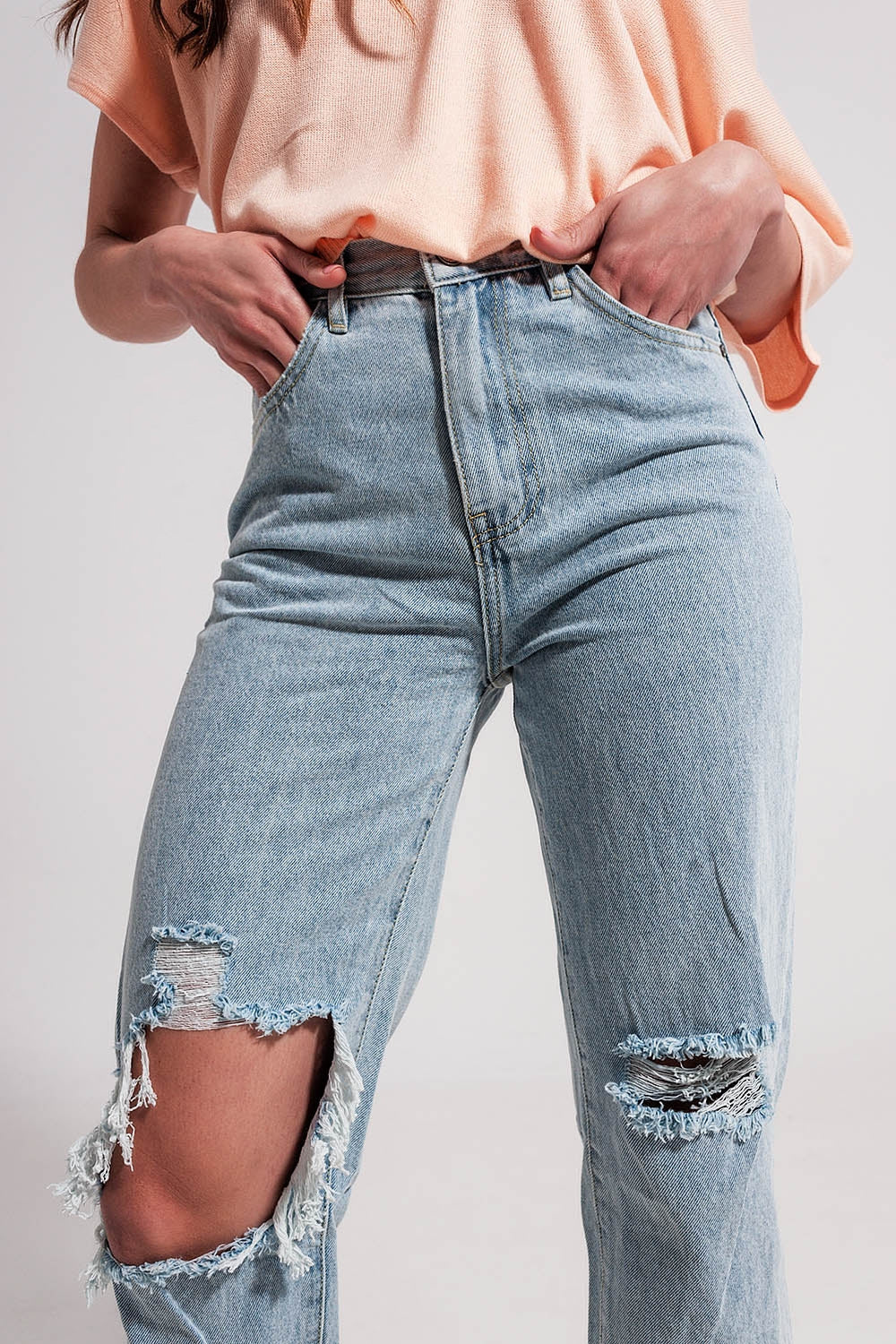 Jean mom taille haute à déchirures Délavage clair