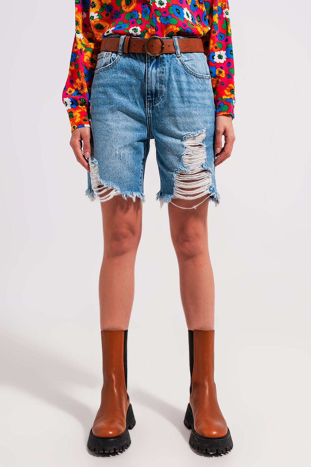 Short en jean effet vieilli Bleu clair