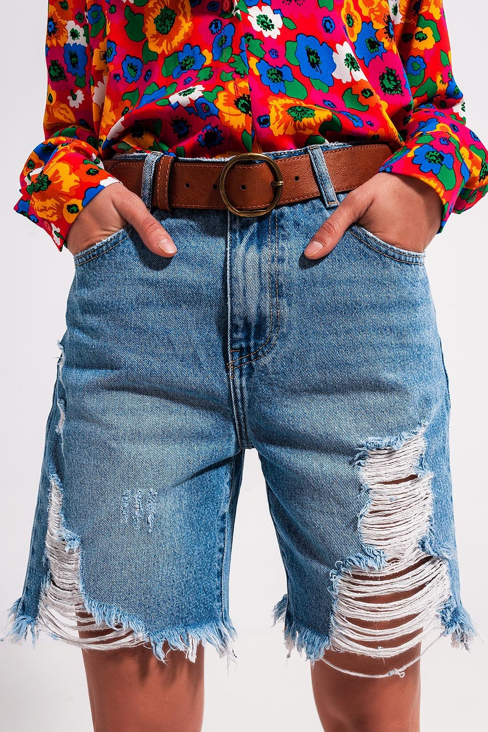 Short en jean effet vieilli Bleu clair