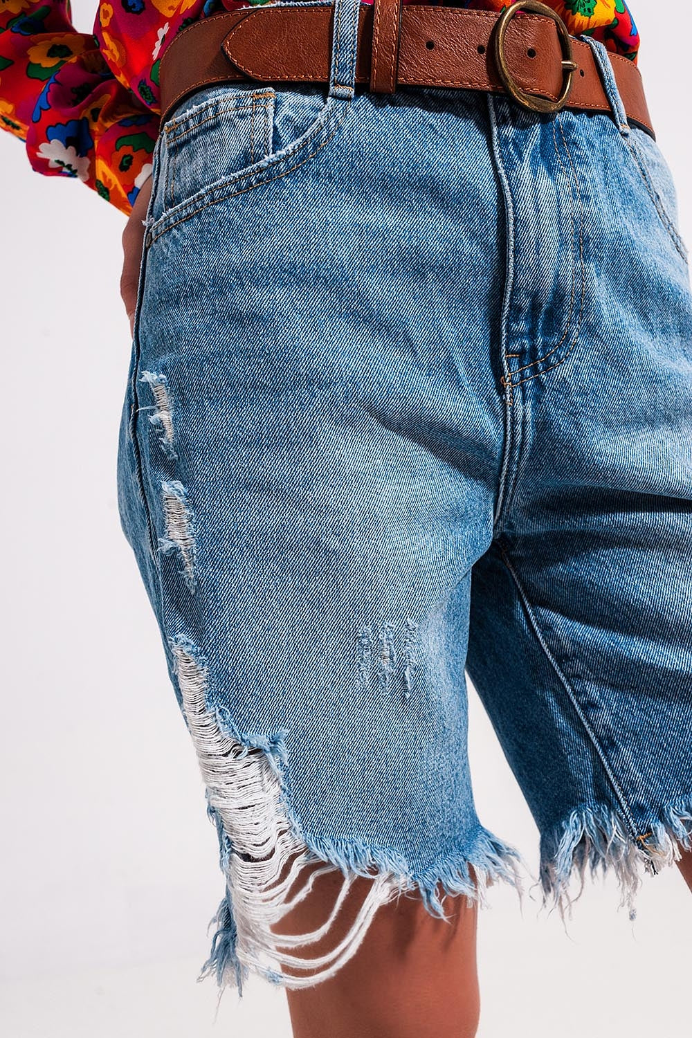 Short en jean effet vieilli Bleu clair