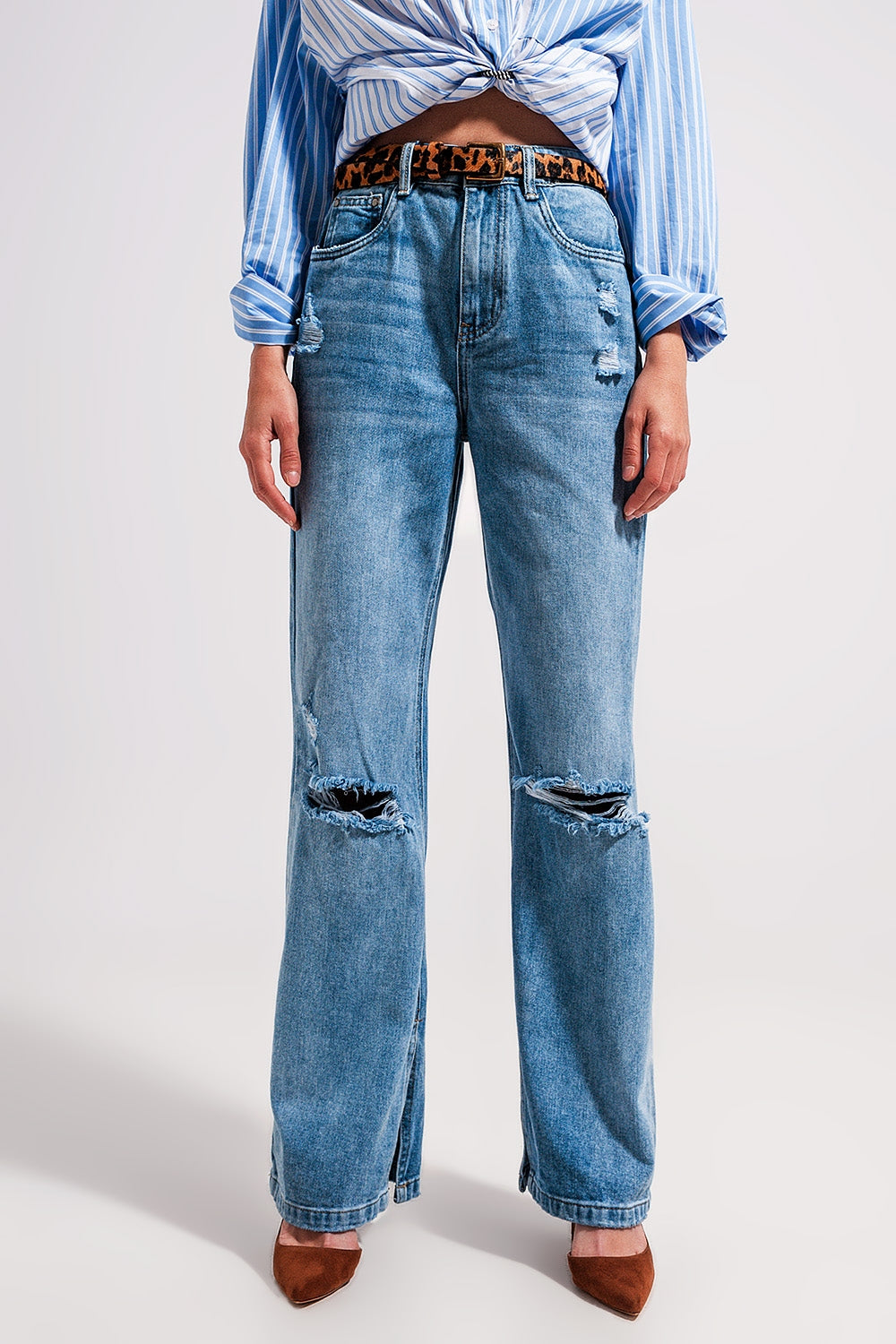 Jean taille haute à ourlet fendu Délavage vintage