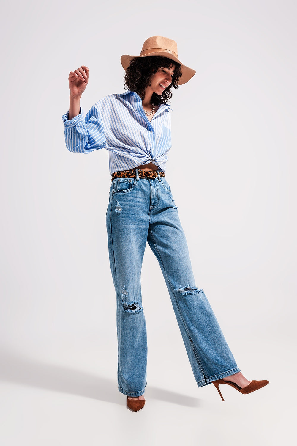 Jean taille haute à ourlet fendu Délavage vintage