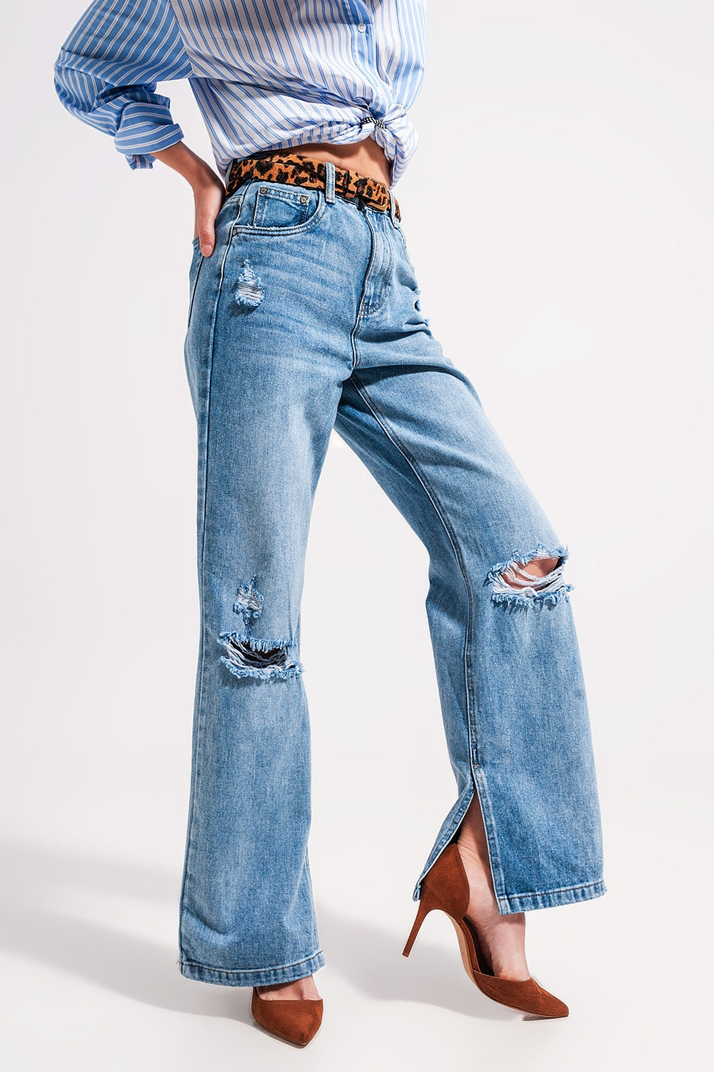 Jean taille haute à ourlet fendu Délavage vintage