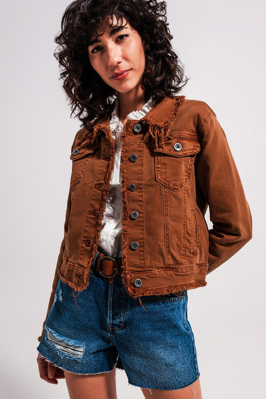 Veste en jean à bords bruts marron