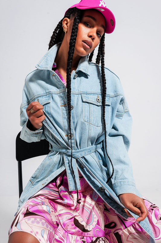 Veste longue en jean à ceinture Bleu clair délavé