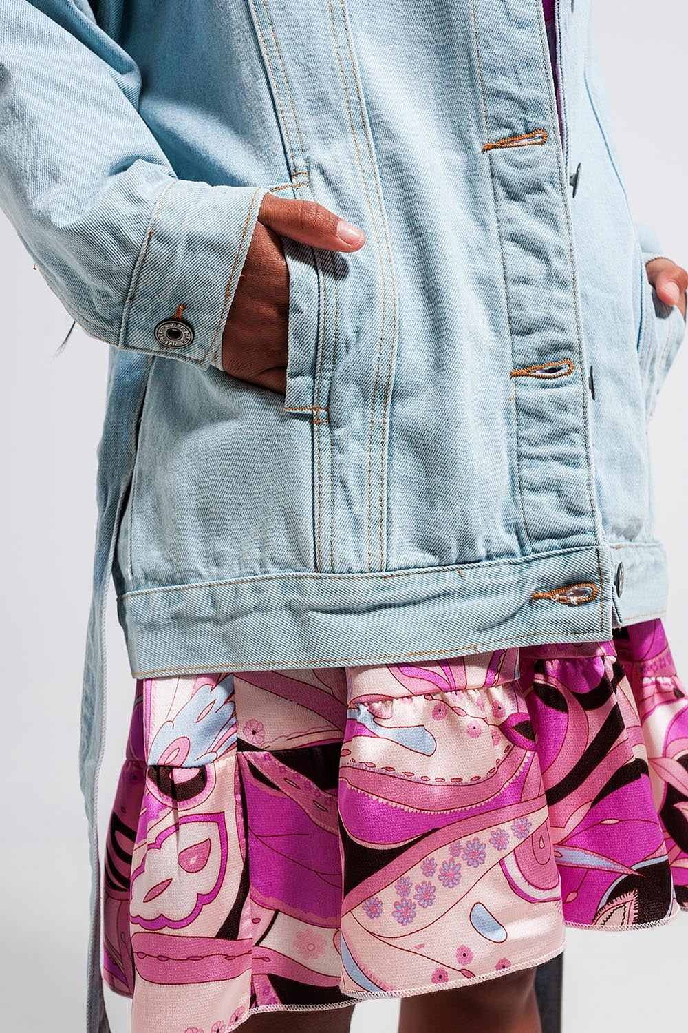 Veste longue en jean à ceinture Bleu clair délavé