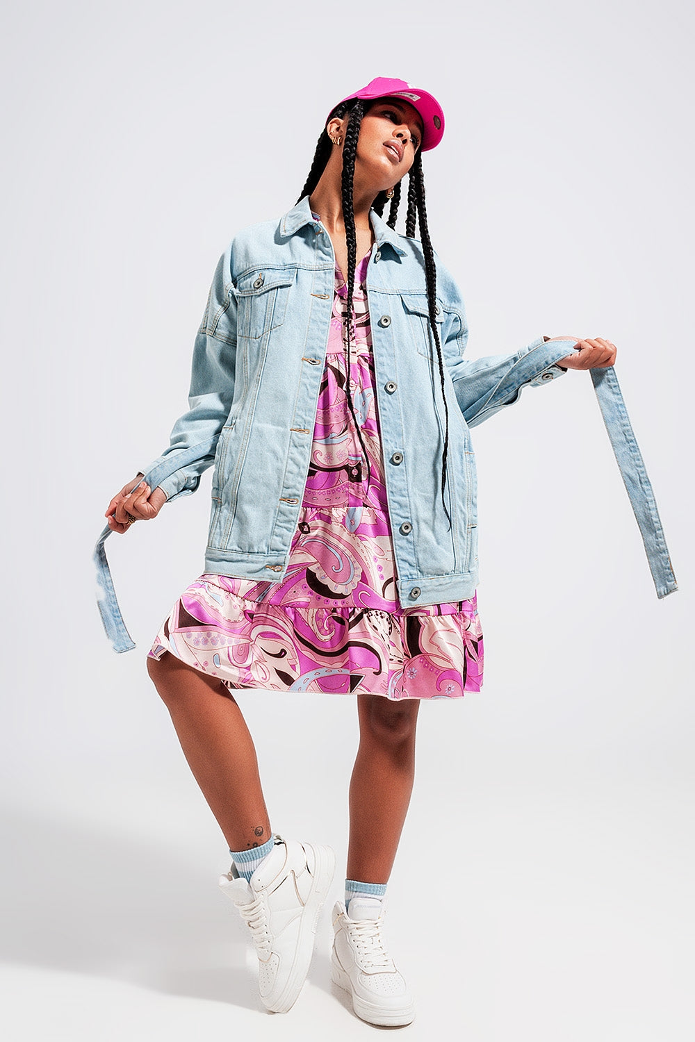 Veste longue en jean à ceinture Bleu clair délavé