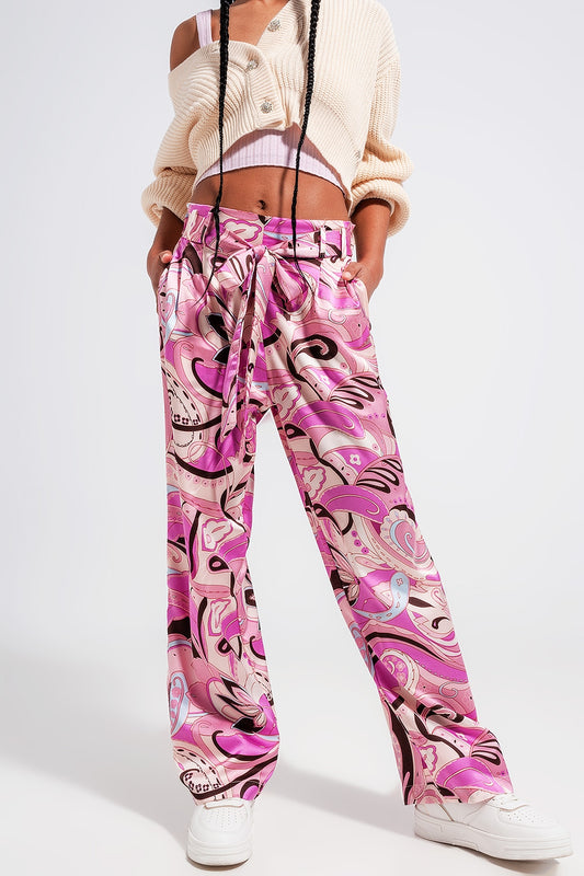 Pantalon large avec ceinture rose