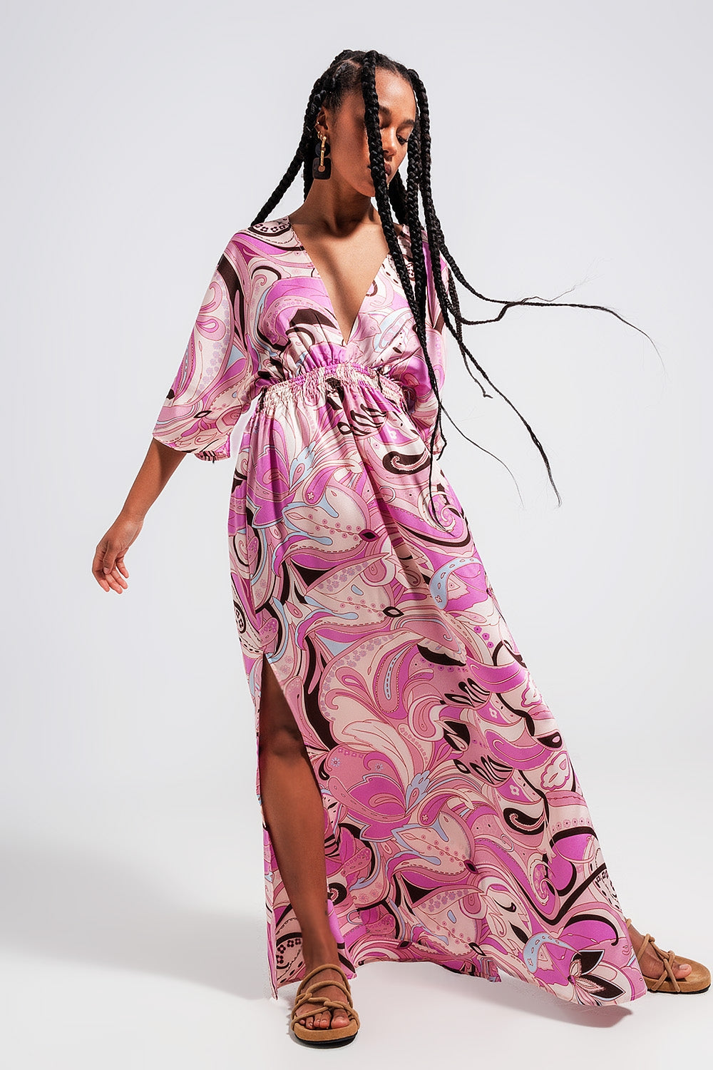 Robe mi longue froncée avec rubans à nouer au dos rose