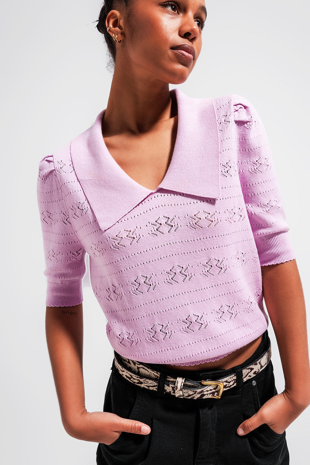 Pull en maille pointelle court à col polo rose