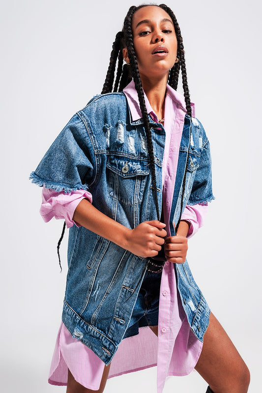 Veste oversize en jean effet vieilli à manches courtes
