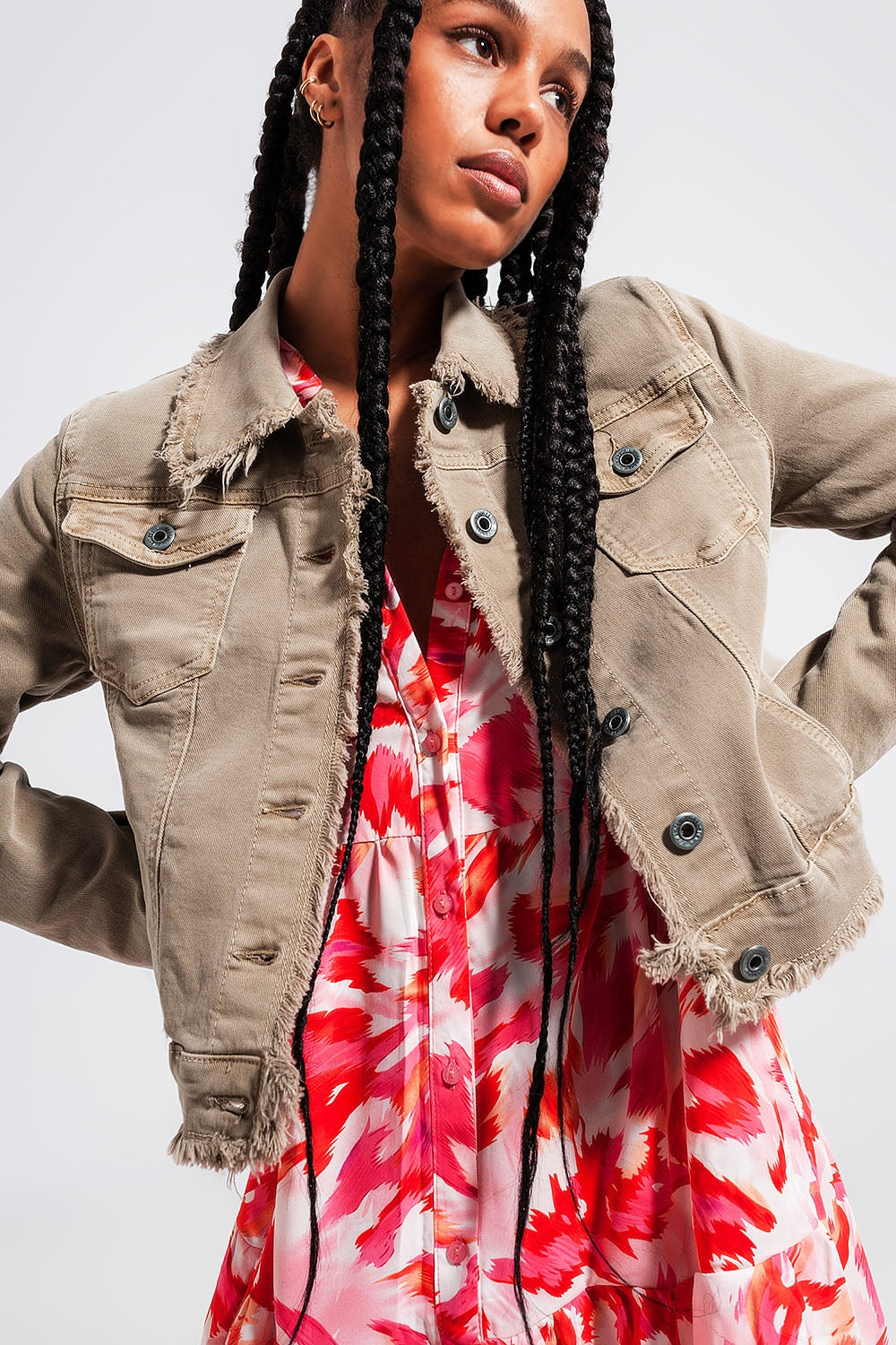 Veste en jean à bords bruts gris