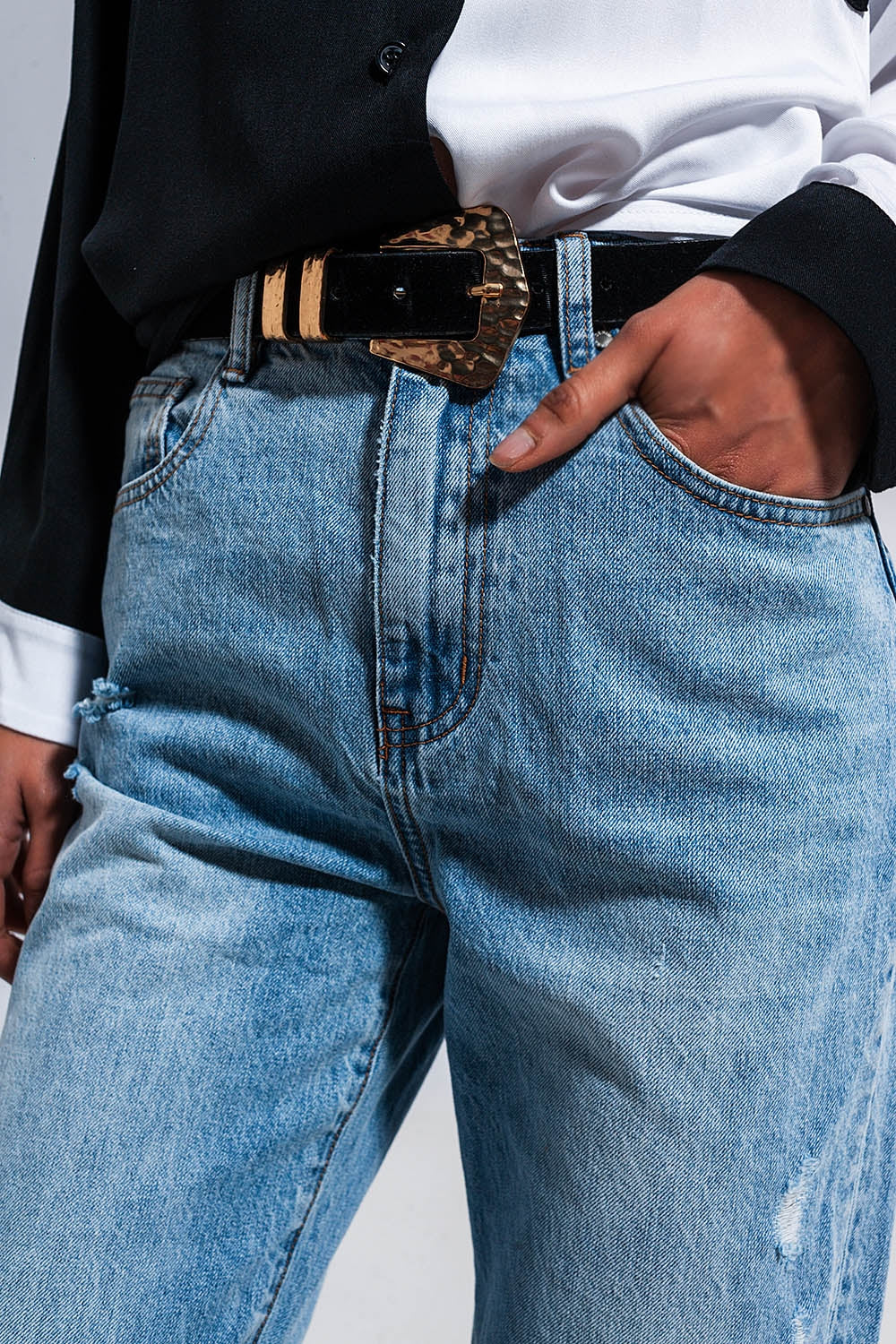 Jean droit en denim effet usé Bleu moyen
