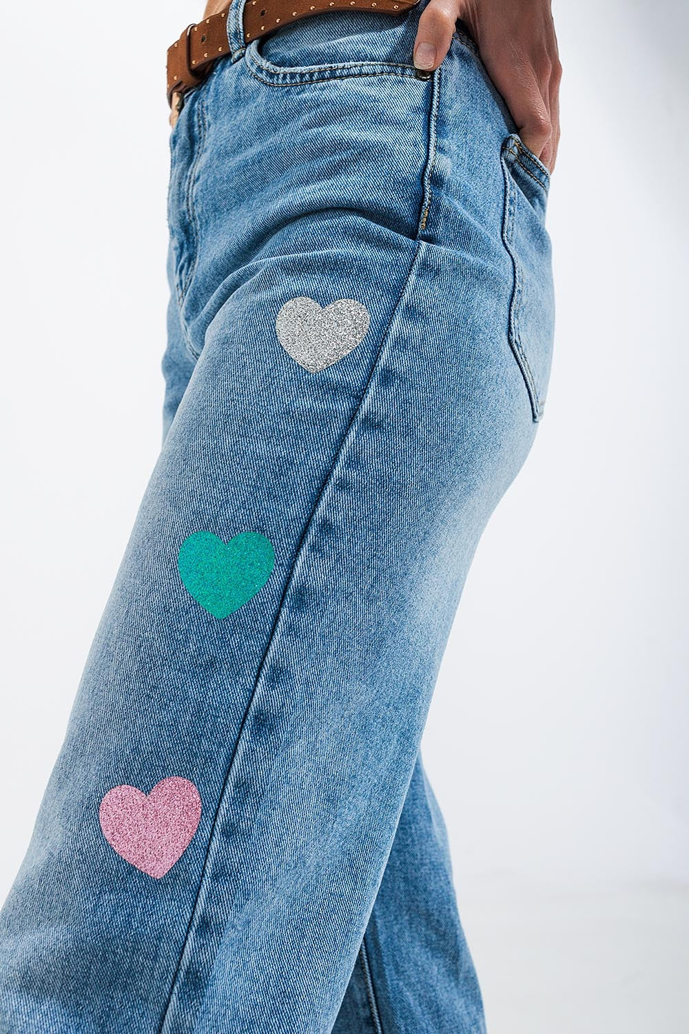 Jean droit d'ensemble à taille haute avec imprimé cœur Bleu moyen