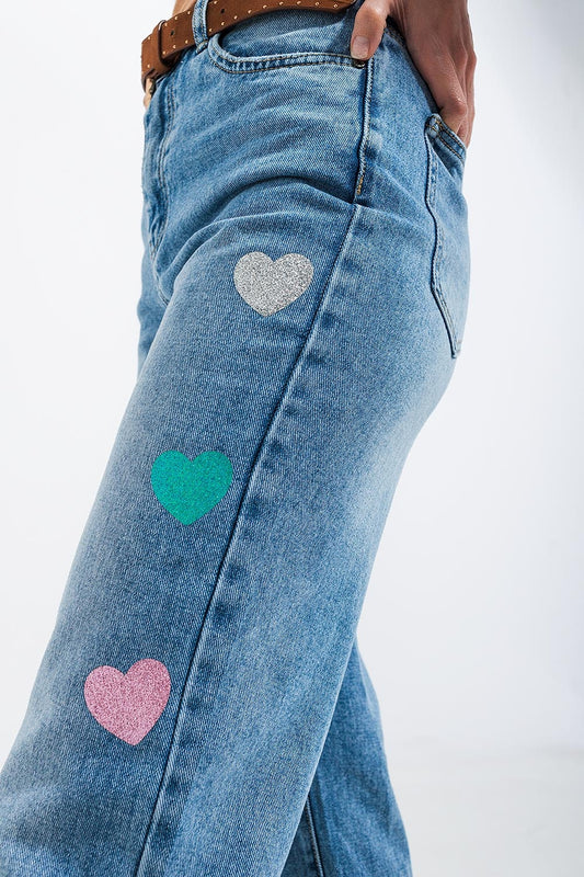 Jean droit d'ensemble à taille haute avec imprimé cœur Bleu moyen