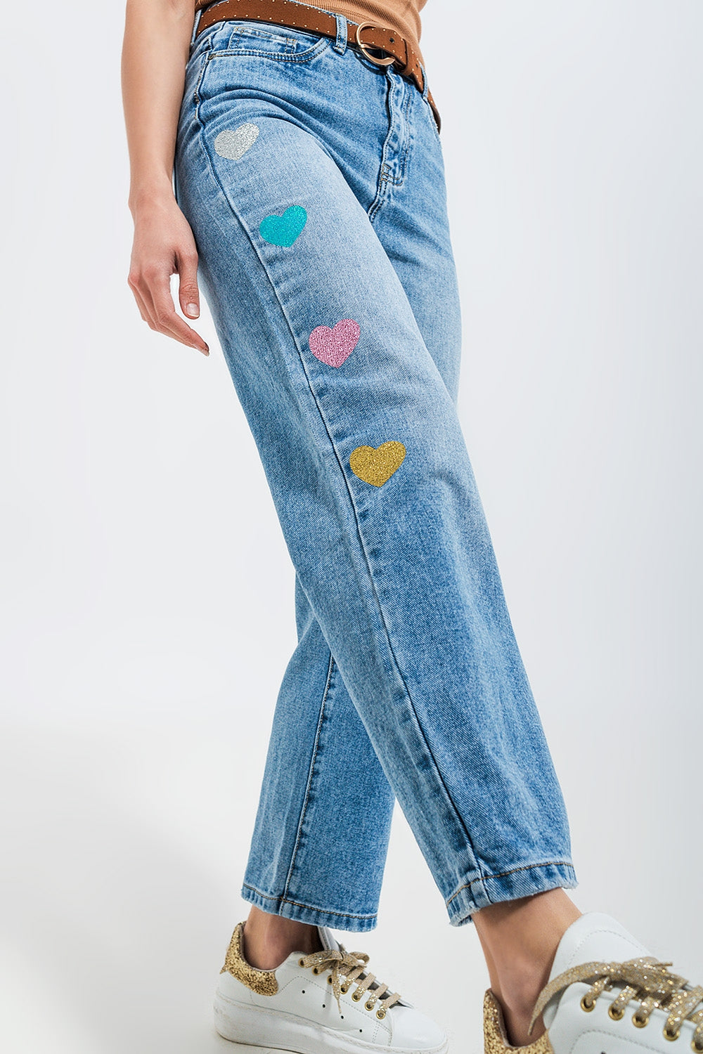 Jean droit d'ensemble à taille haute avec imprimé cœur Bleu moyen