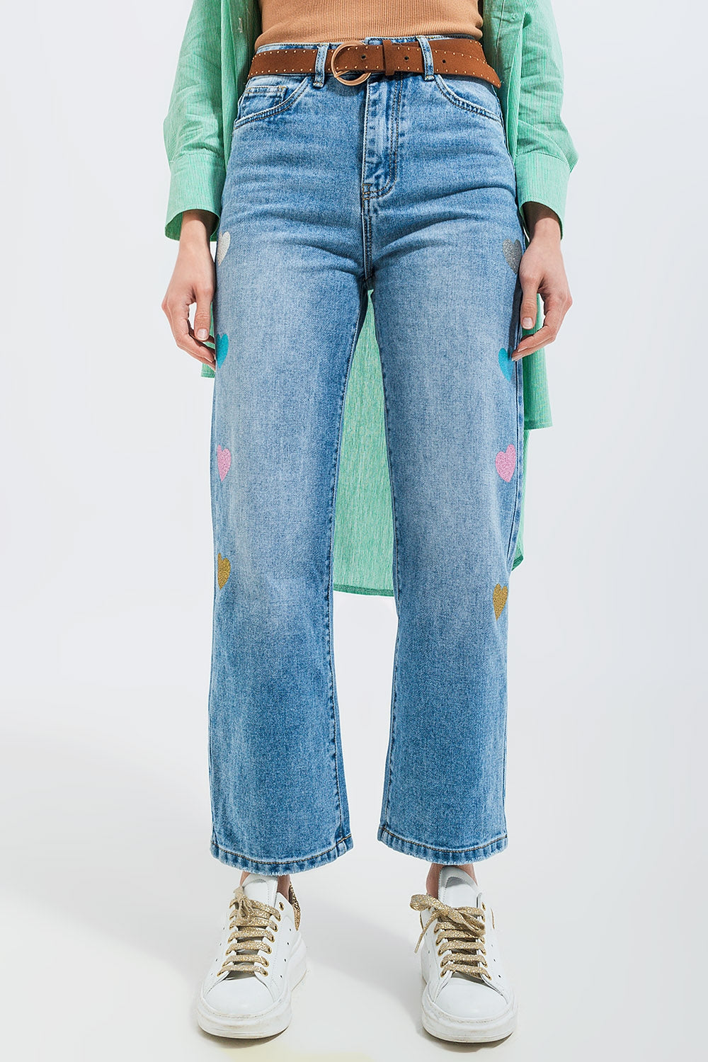 Jean droit d'ensemble à taille haute avec imprimé cœur Bleu moyen