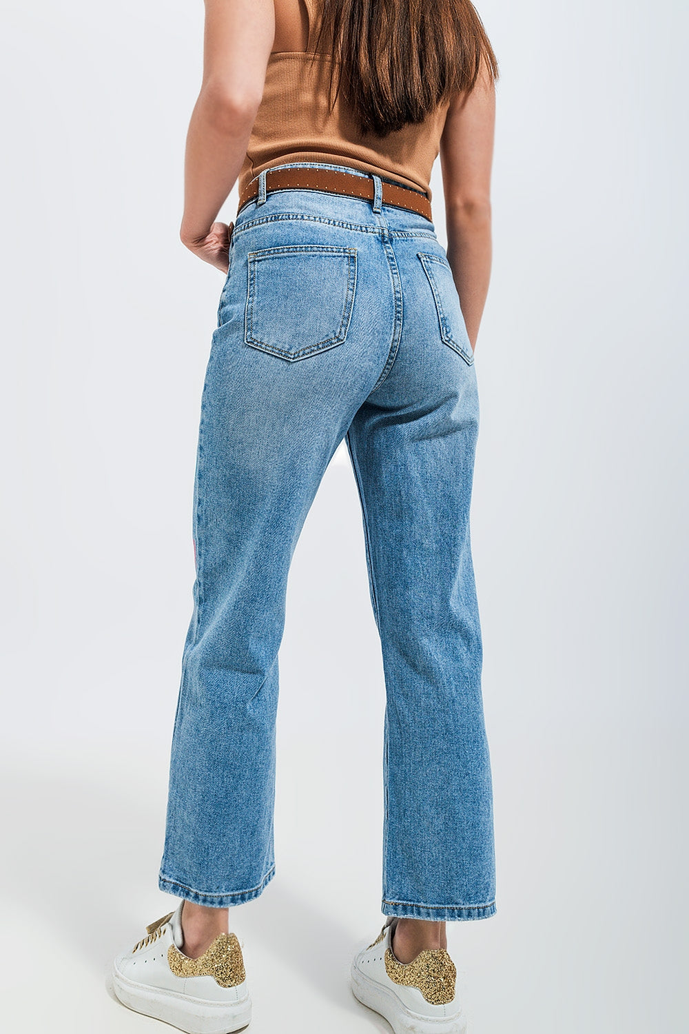 Jean droit d'ensemble à taille haute avec imprimé cœur Bleu moyen