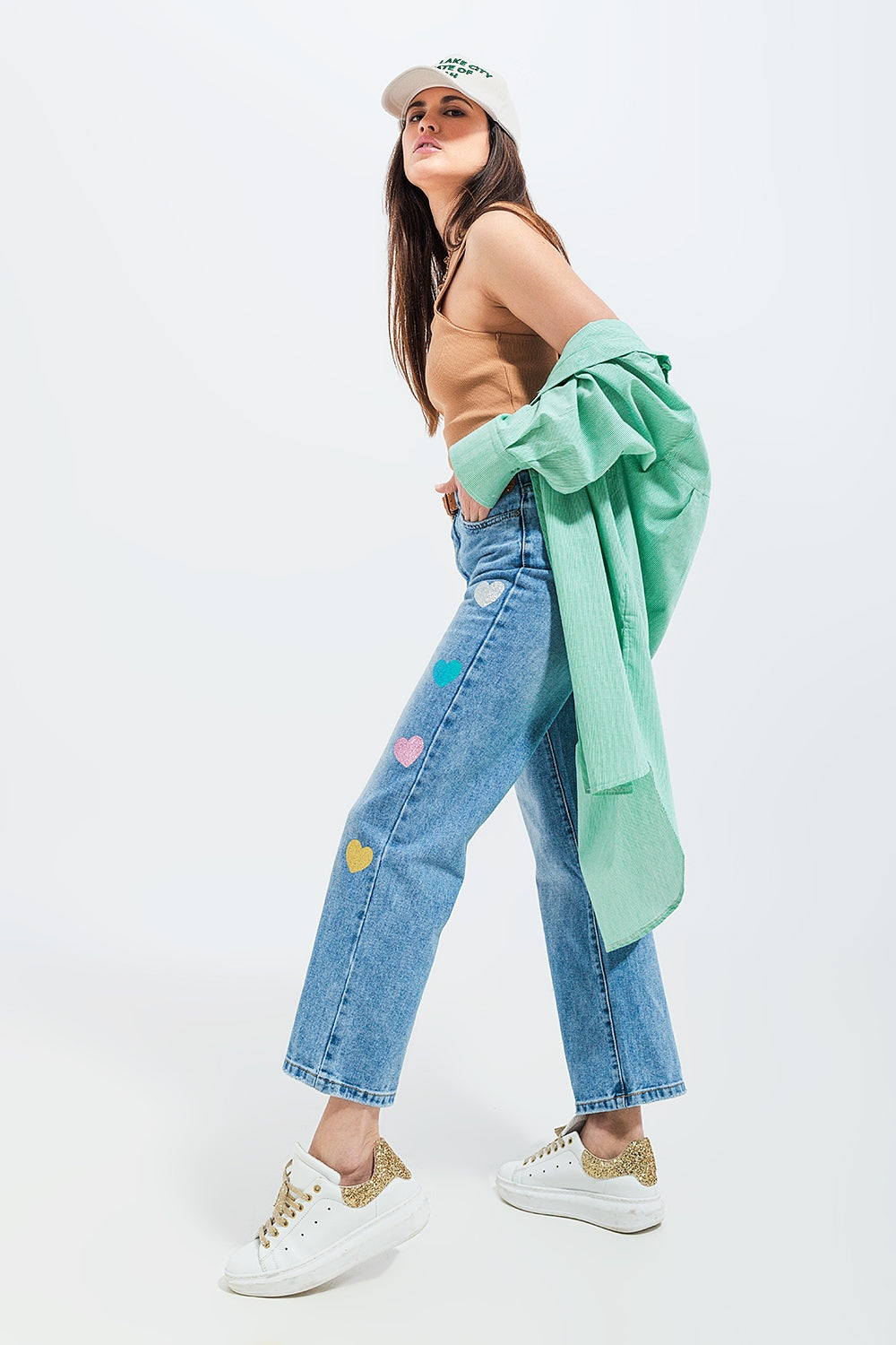 Jean droit d'ensemble à taille haute avec imprimé cœur Bleu moyen