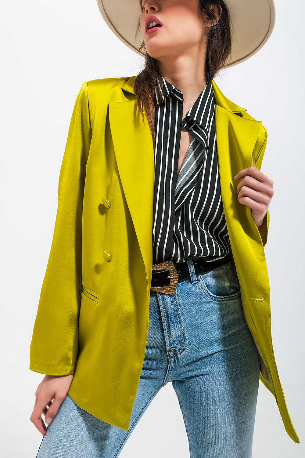 Blazer en satin à double boutonnage vert Citron
