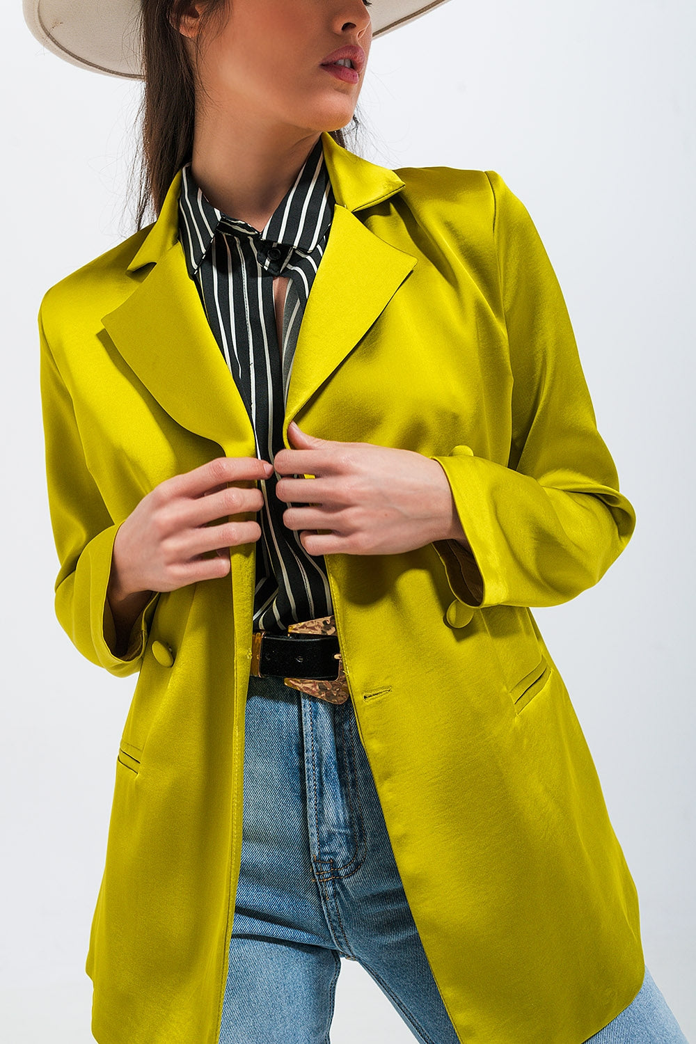 Blazer en satin à double boutonnage vert Citron