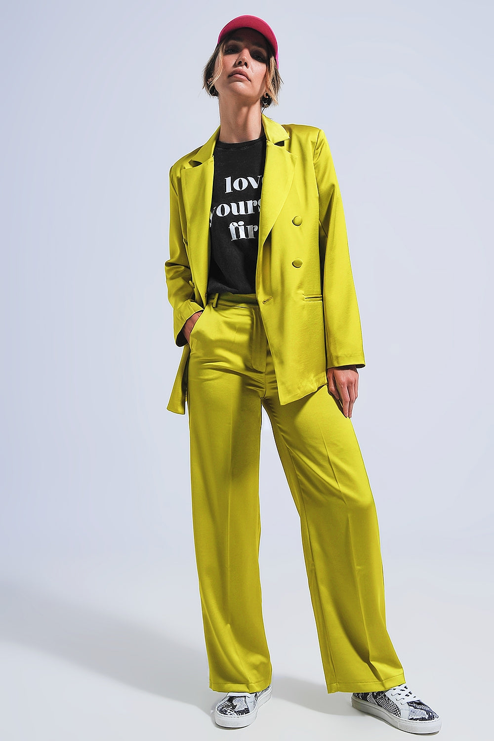 Blazer en satin à double boutonnage vert Citron