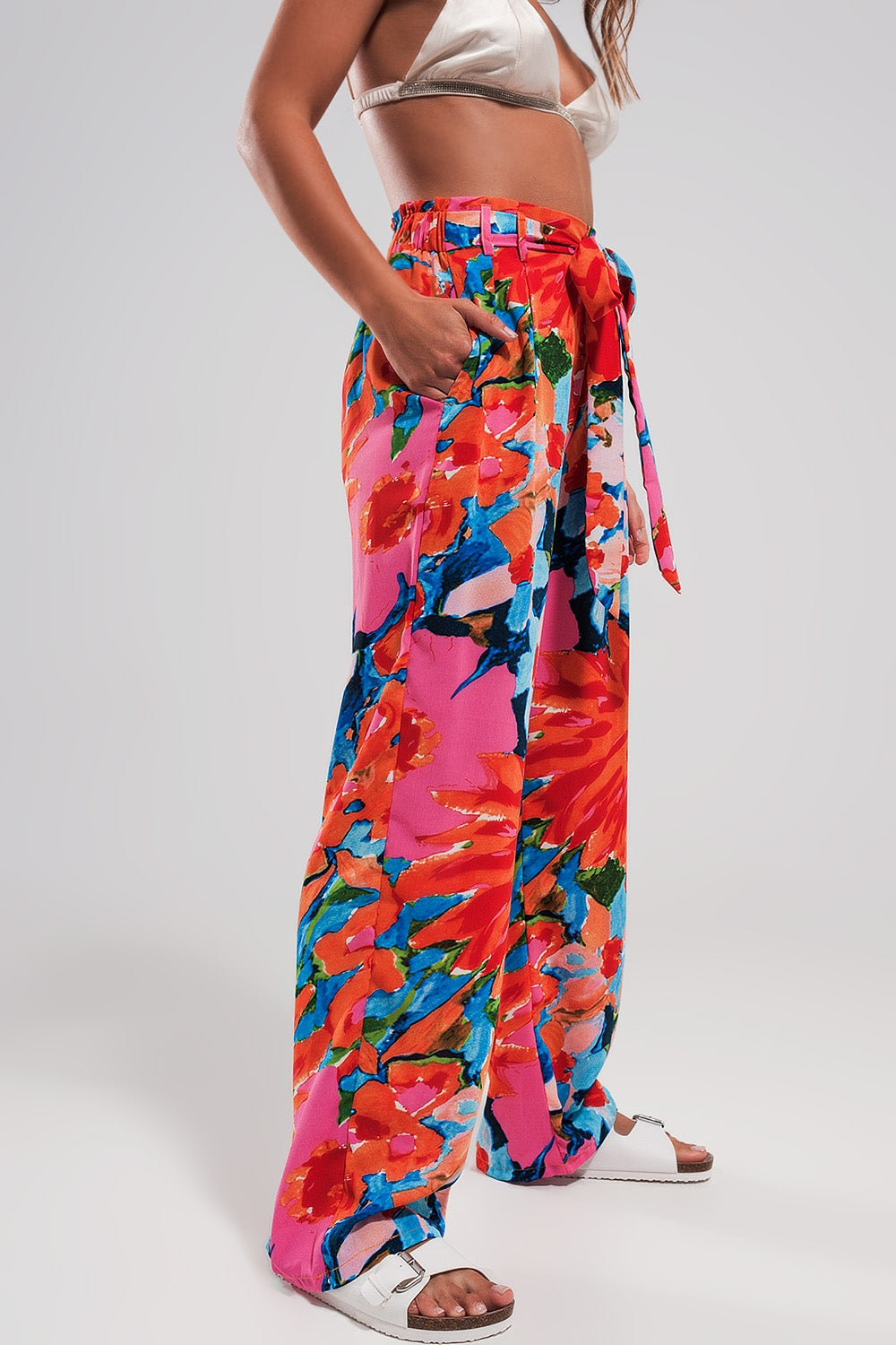 Pantalon élastique à l'arrière à imprimé fleuri vif