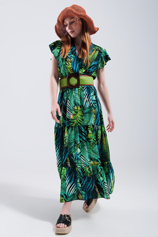 Robe mi longue à manches courtes avec imprimé tropical