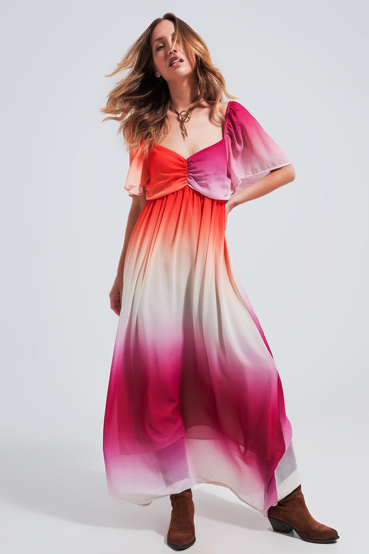 Robe longue à effet dégradé avec encolure cœur fuchsia