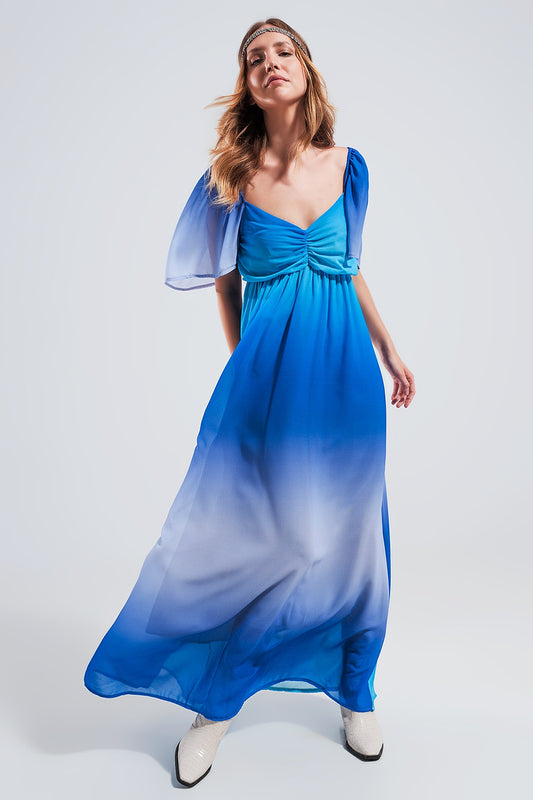 Robe longue à effet dégradé avec encolure cœur bleu