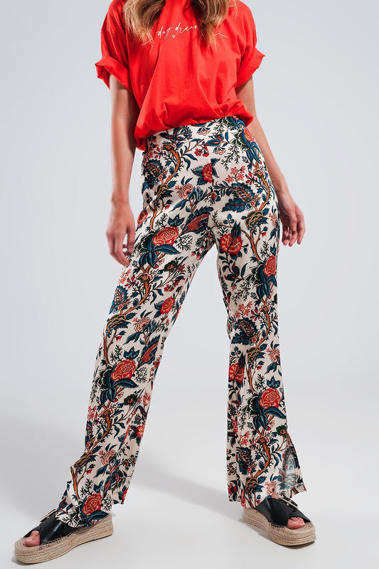 Pantalon large en tissu doux à motif cachemire floral beige