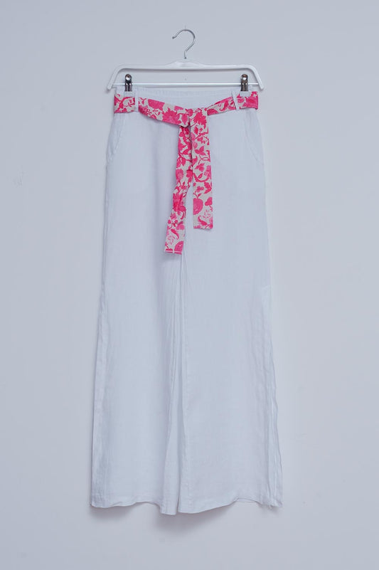Pantalon lin avec fentes latérales blanc