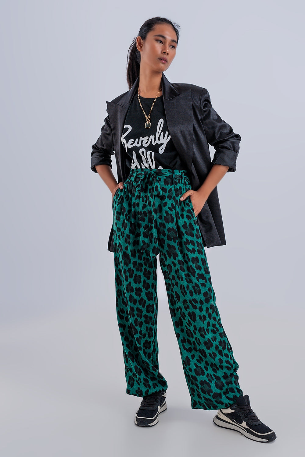 Pantalon vert large imprimé léopard